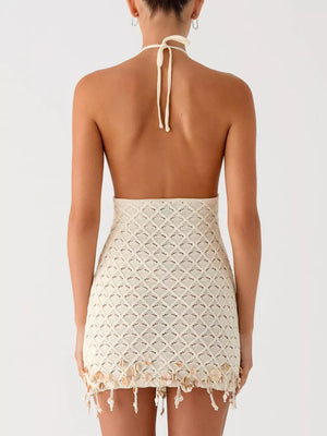 Cream crochet halter mini dress with shell and bead fringe detail