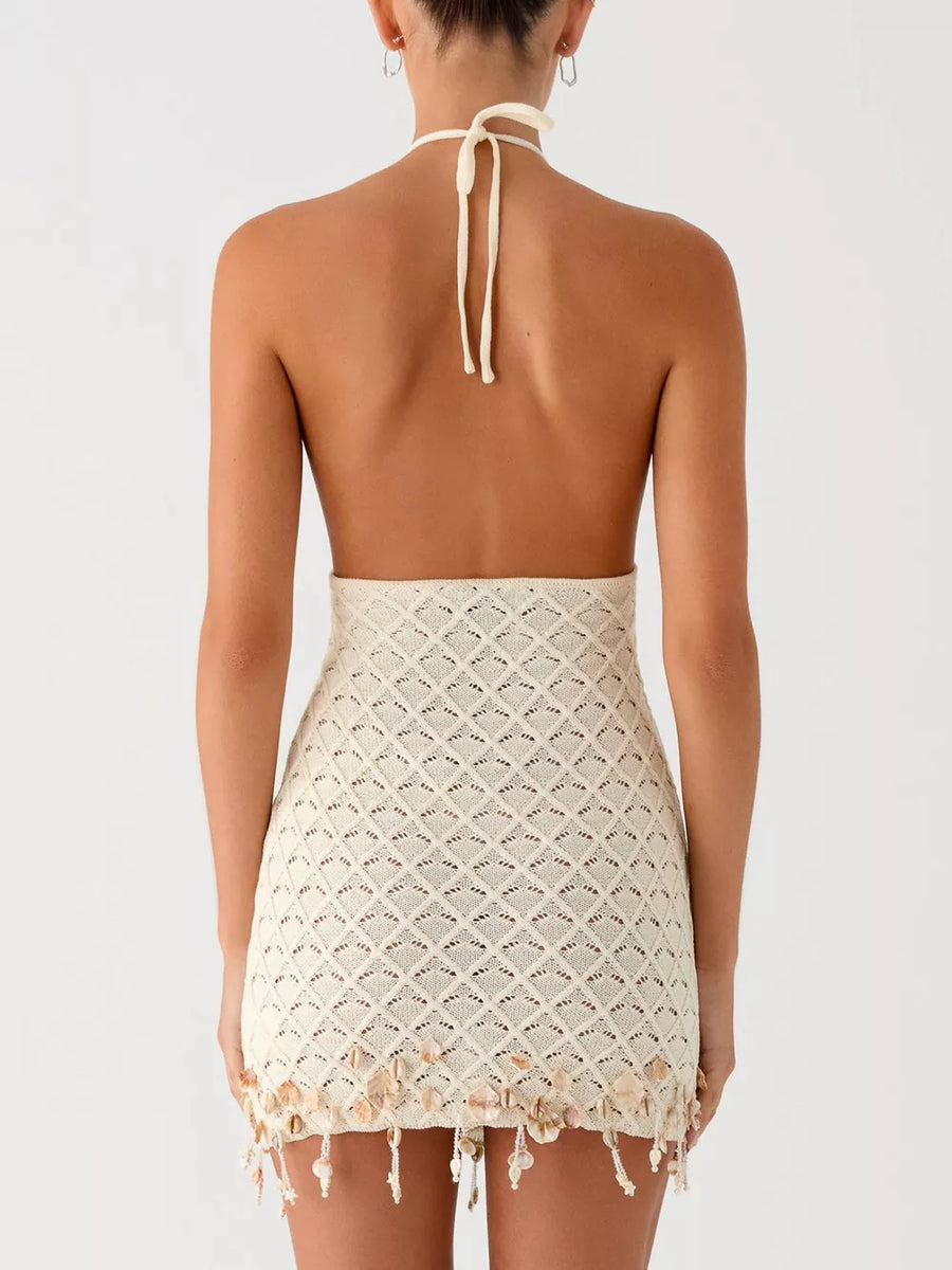 Cream crochet halter mini dress with shell and bead fringe detail