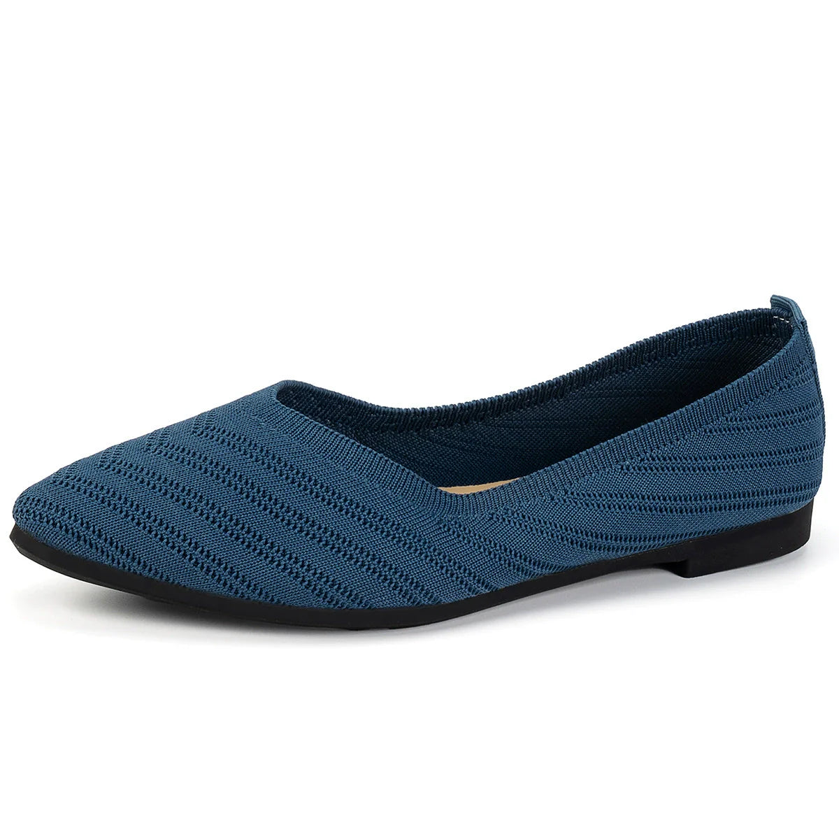 Navy knitted pointed-toe ballet flats with a textured stripe pattern.