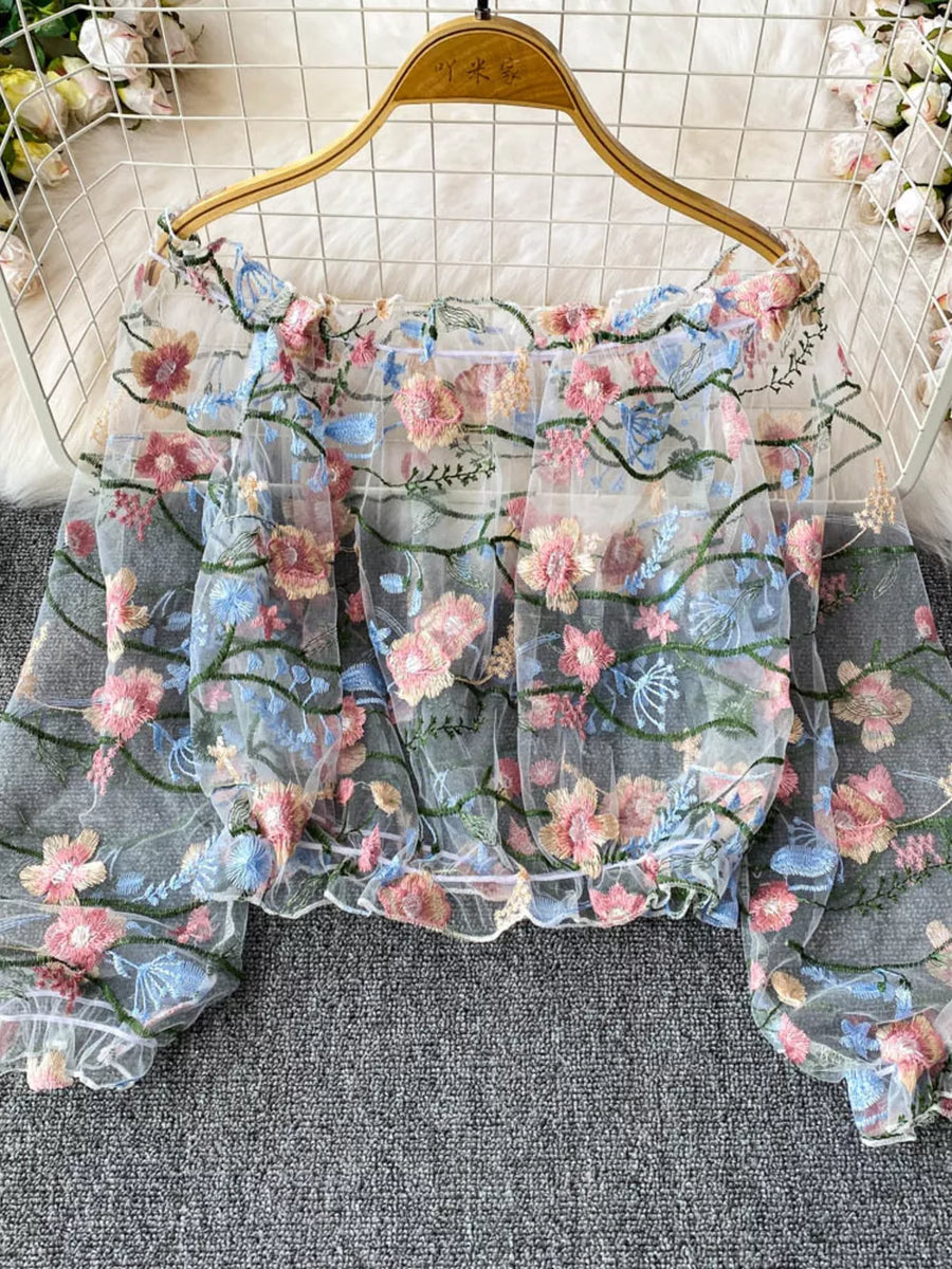Sheer off-shoulder t-shirt with embroidered floral detail and ruffled hem.