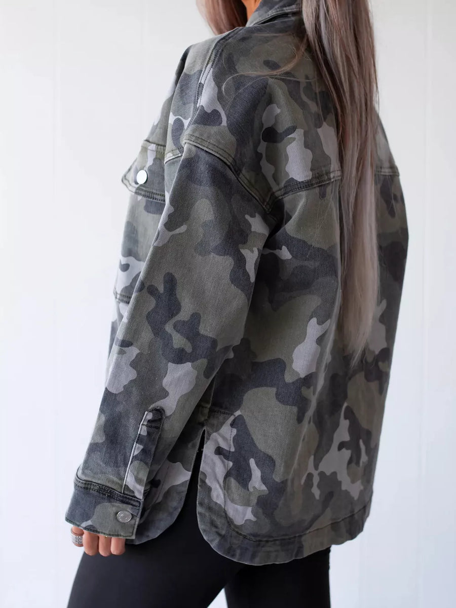 Green Camouflage denim jacket with hip-length and button-front