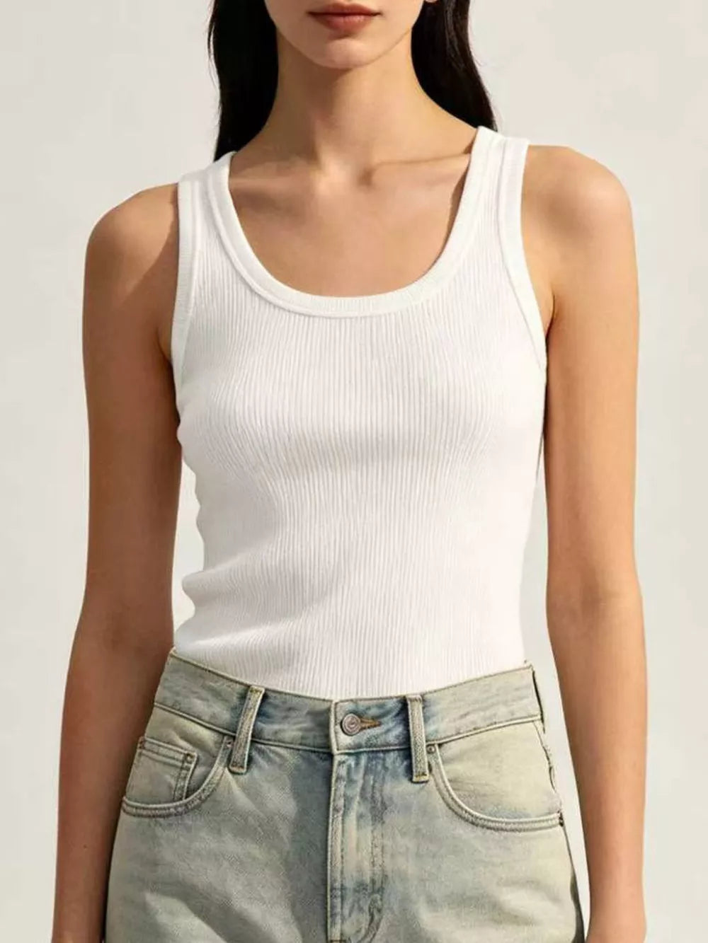 White Ribbed Knit U-neck Tank
