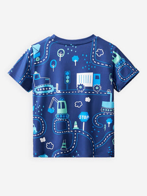 Toddler blue crew neck t-shirt with a road construction vehicle print.