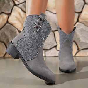 Gray suede and felt western ankle boots with decorative buttons and stitching.