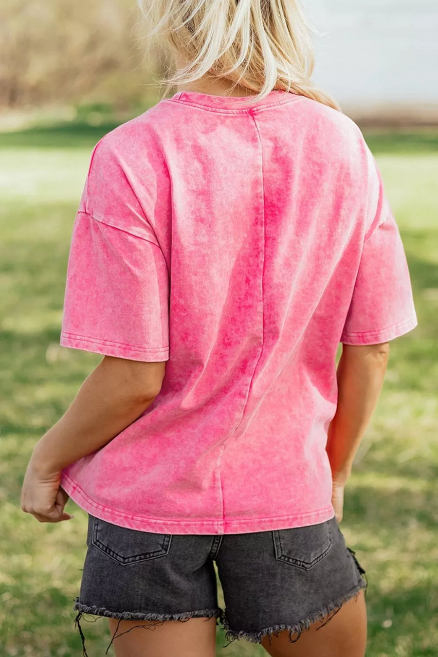 Fuchsia Pink Solid Color Cotton Mineral Washed Oversize Tee