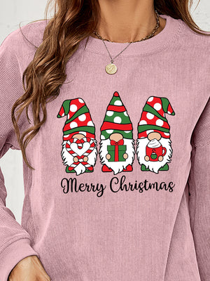 Dusty Pink corduroy sweatshirt with three Christmas gnomes and Merry Christmas text.