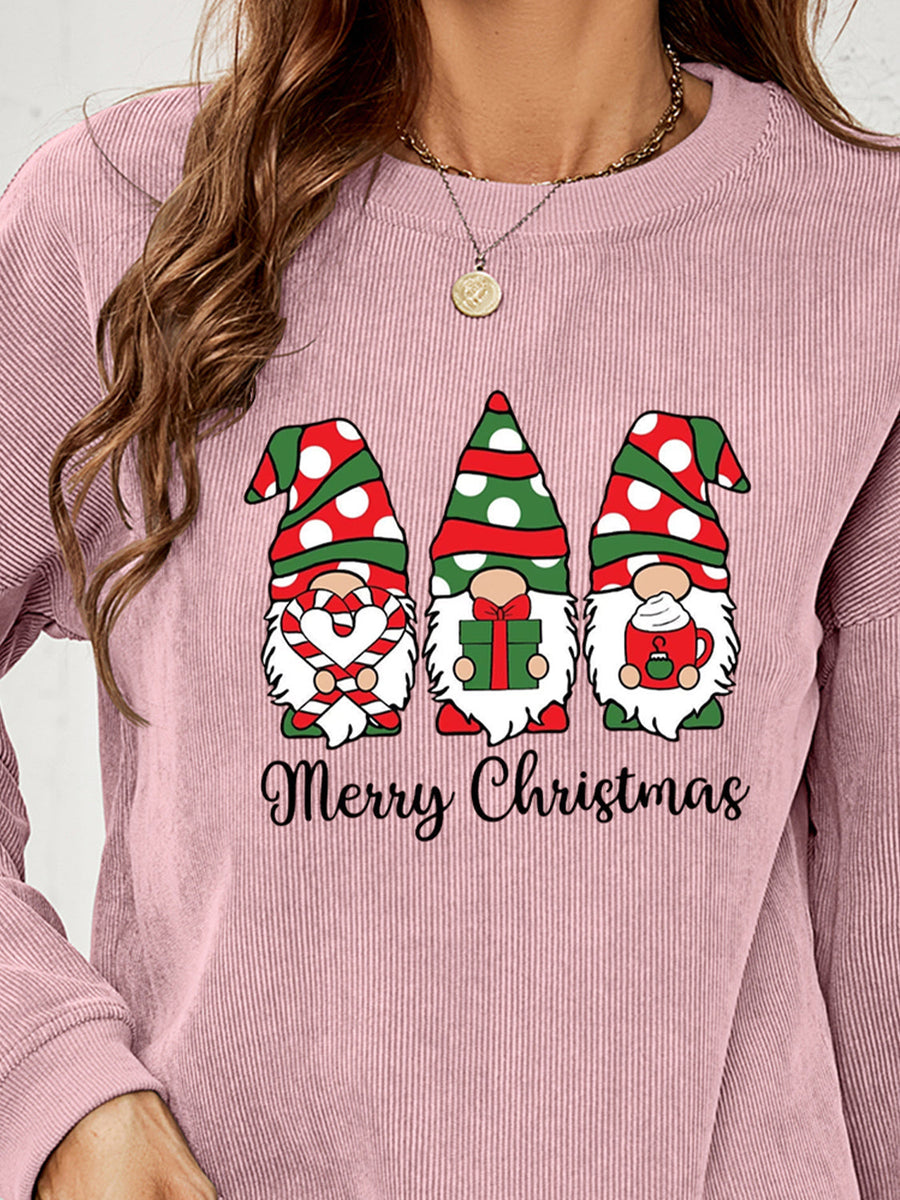 Dusty Pink corduroy sweatshirt with three Christmas gnomes and Merry Christmas text.