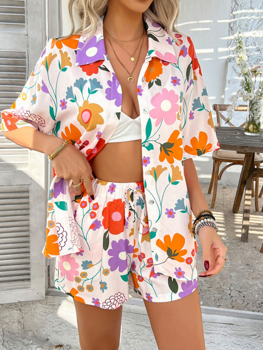 Coastal Tile Print Co-ord Set with button-up shirt and drawstring shorts in multicolor floral pattern.