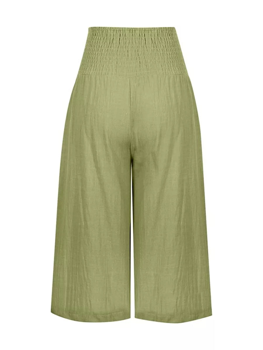 Light green linen blend wide leg cropped pants with smocked high waist