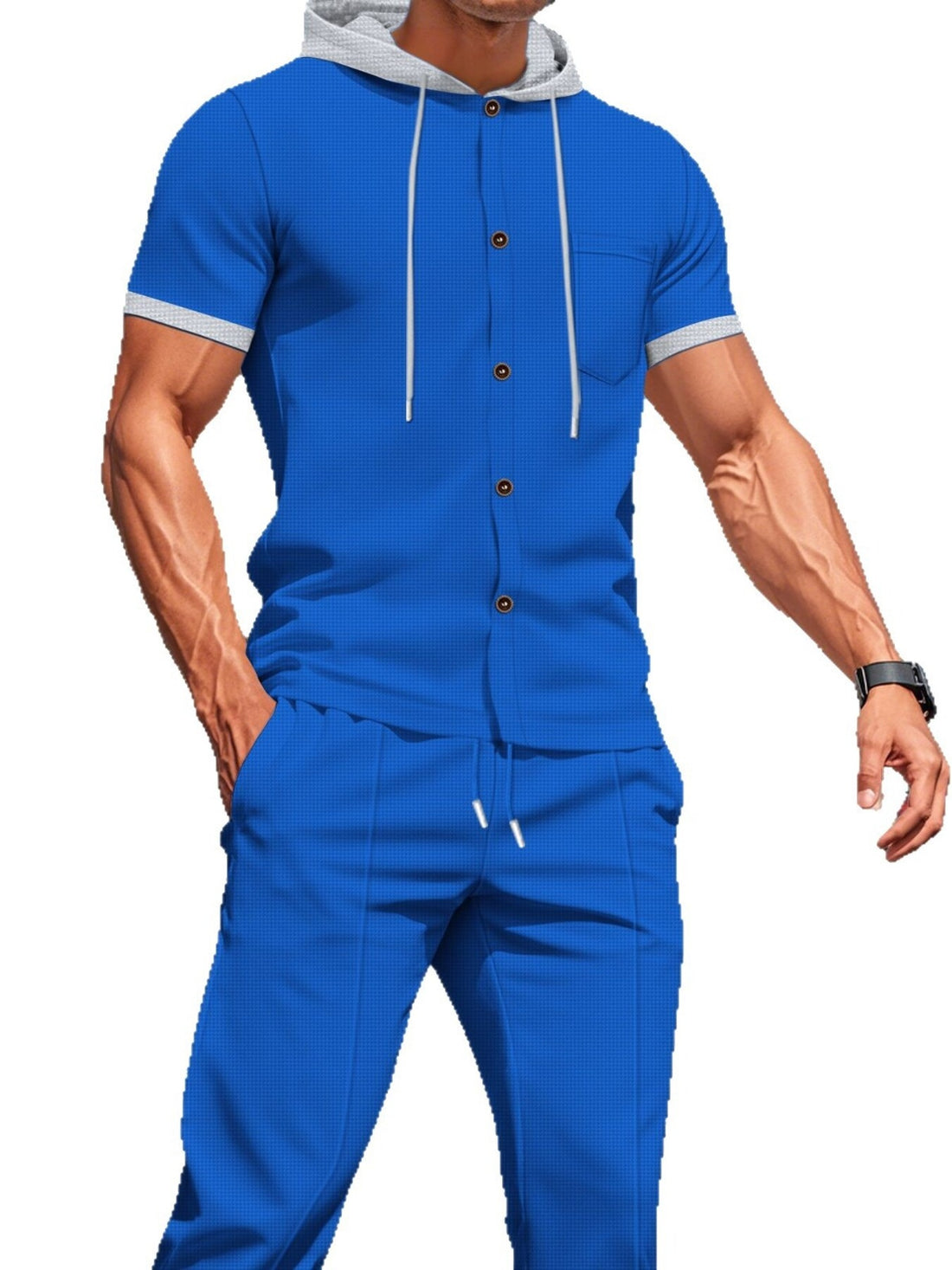 Black Men's Short-sleeve Hooded Top And Shorts Set