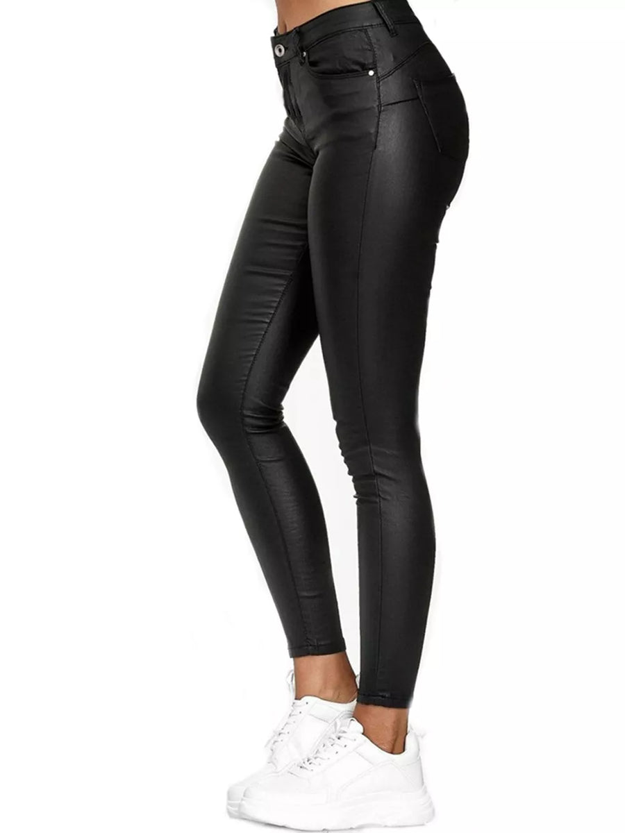 Black high-waisted faux-leather skinny pants with a glossy finish.