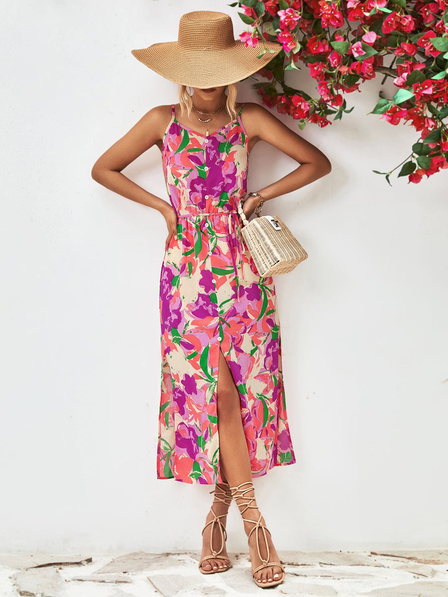 Floral print button-down midi dress with spaghetti straps and a high slit.