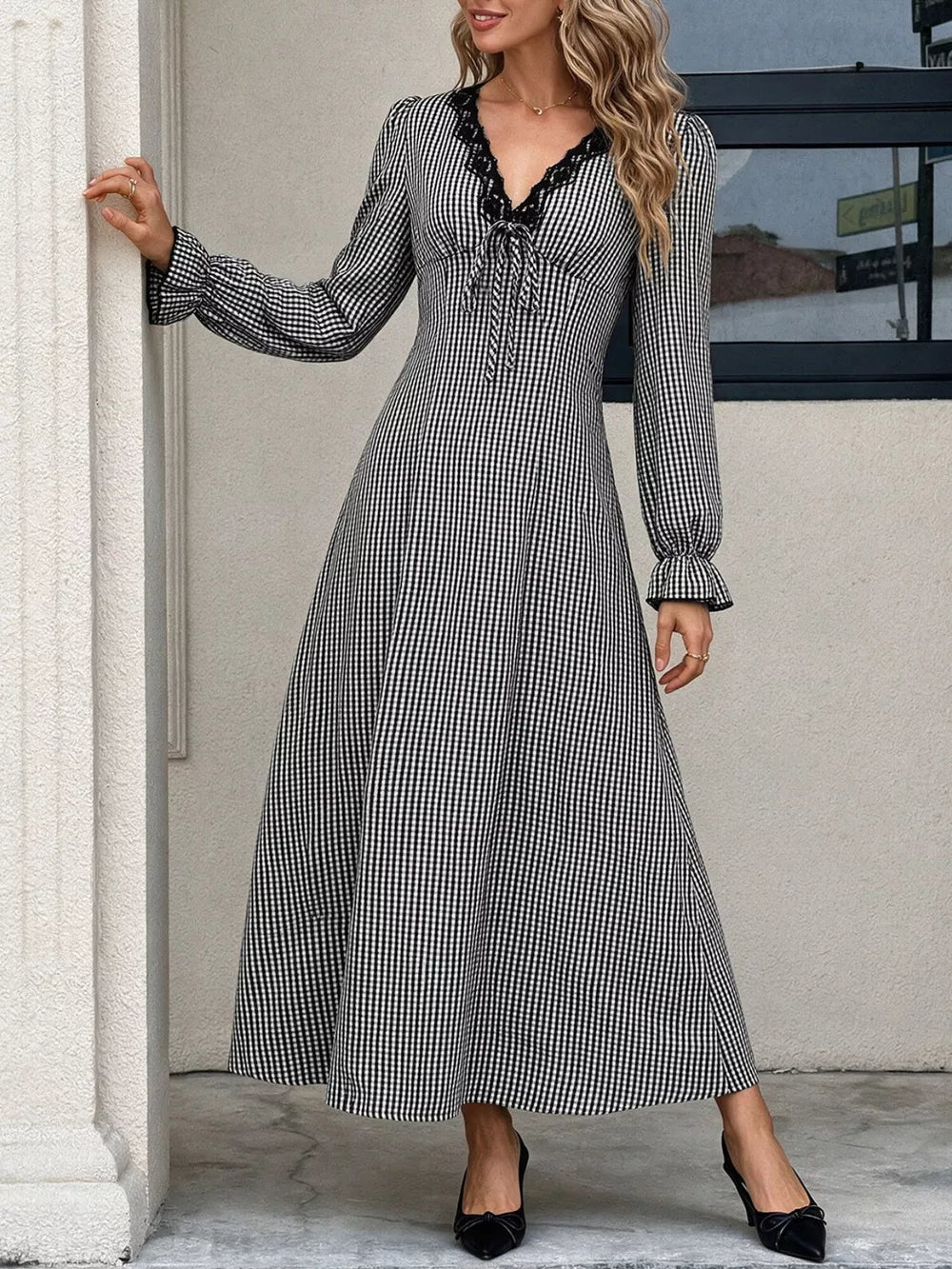 black maxi dress with gingham and v-neck