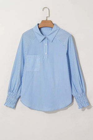 Striped Smocked Sleeve Collared Blouse option 8