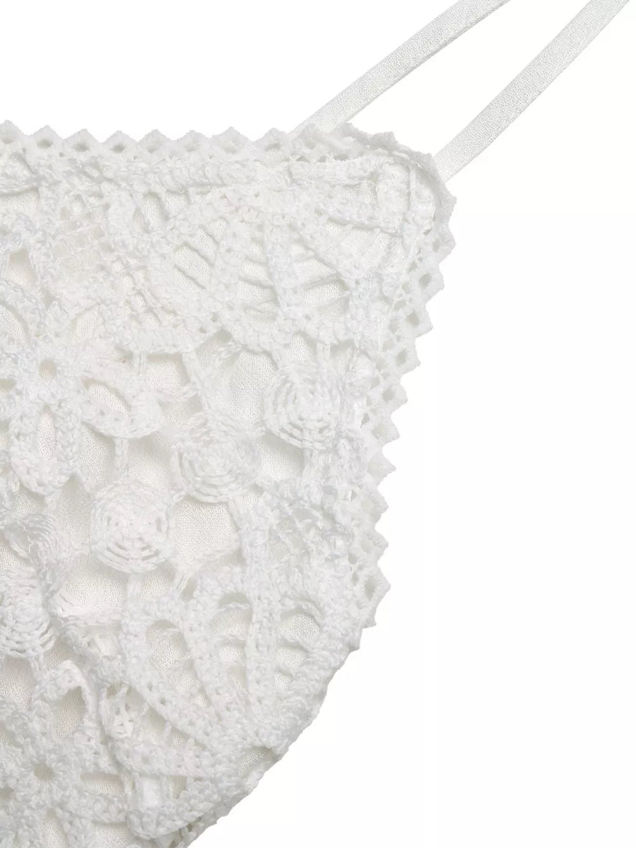 White lace detail V-neck maxi dress with crochet overlay and thin straps.