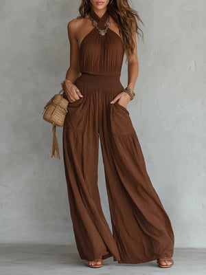jumpsuit in chocolate brown featuring pocketed and relaxed fit