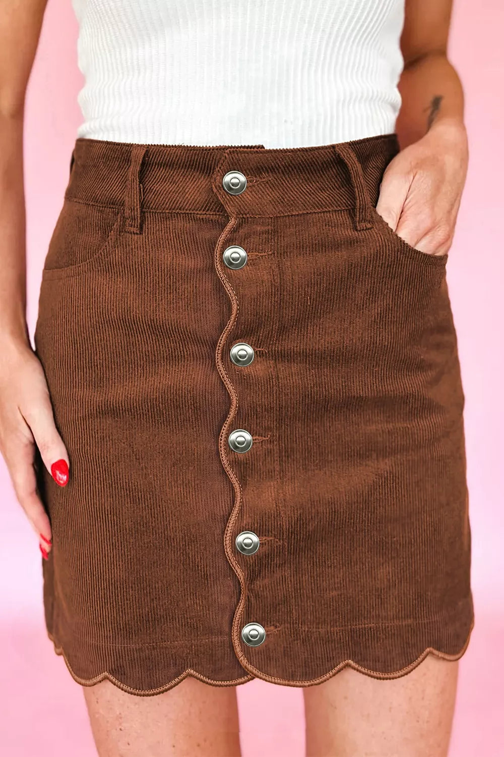 Button Front Corduroy Mini Sheath Skirt in Brown