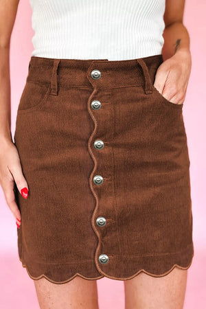 Button Front Corduroy Mini Sheath Skirt in Brown