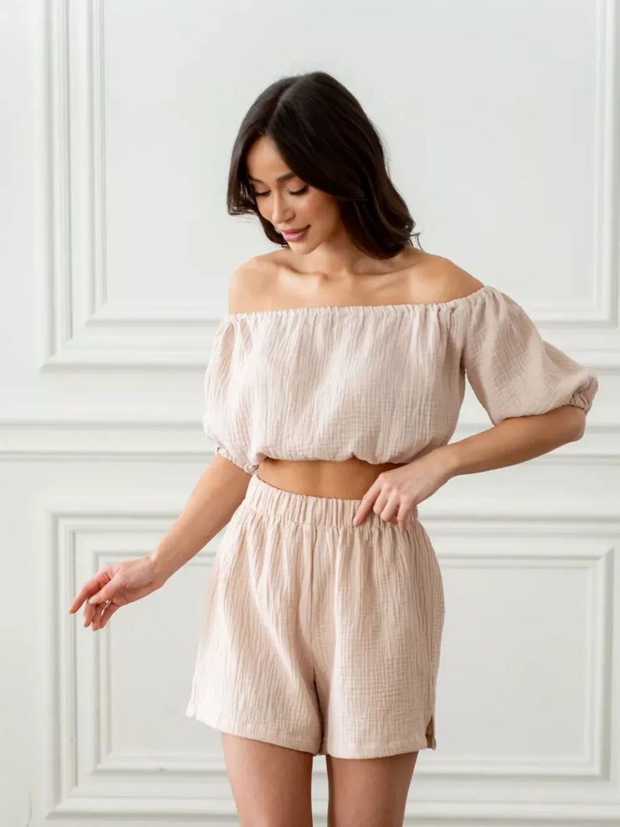 Off-shoulder cropped top and shorts set in Khaki cotton, with elastic waist shorts and puff sleeves.