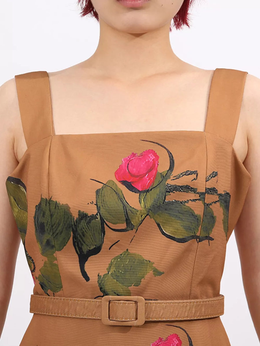 Brown floral print midi dress with square neckline and belt