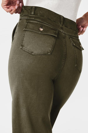 Wide-leg utility denim trousers in olive brown with buttoned back pockets.