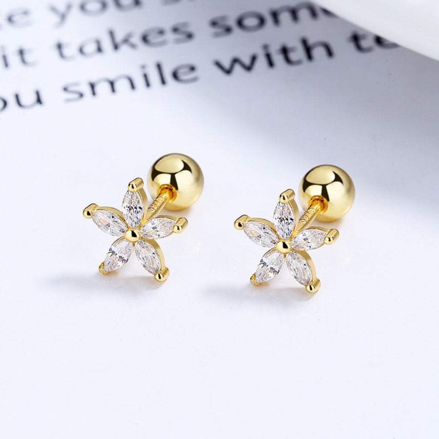 Gold flower stud earrings with clear marquise-cut stones, 925 sterling silver.