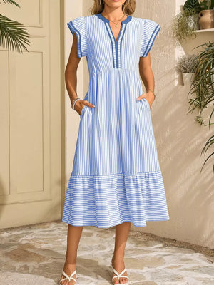 Blue striped midi dress with ruffle sleeves, V-neck, and pockets.