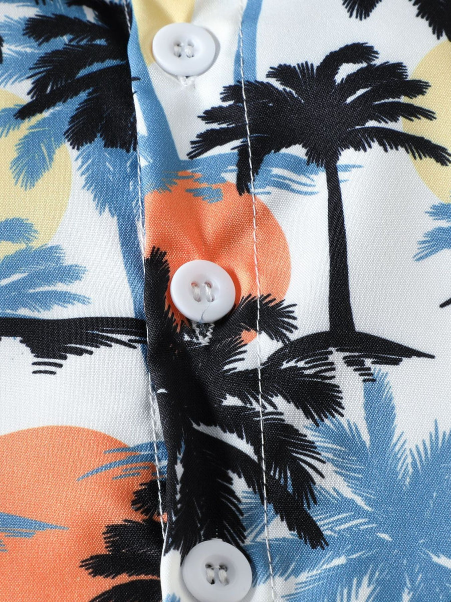 Toddler shirt with tropical palm tree print, white buttons, cotton fabric.