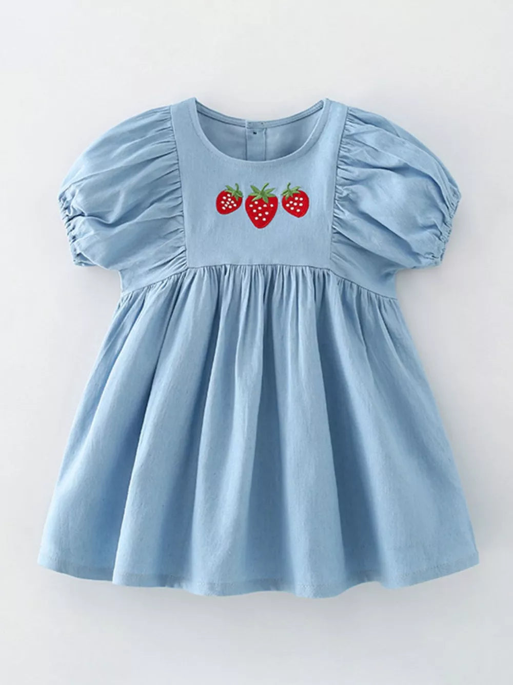 Light blue denim baby dress with puff sleeves and strawberry embroidery.