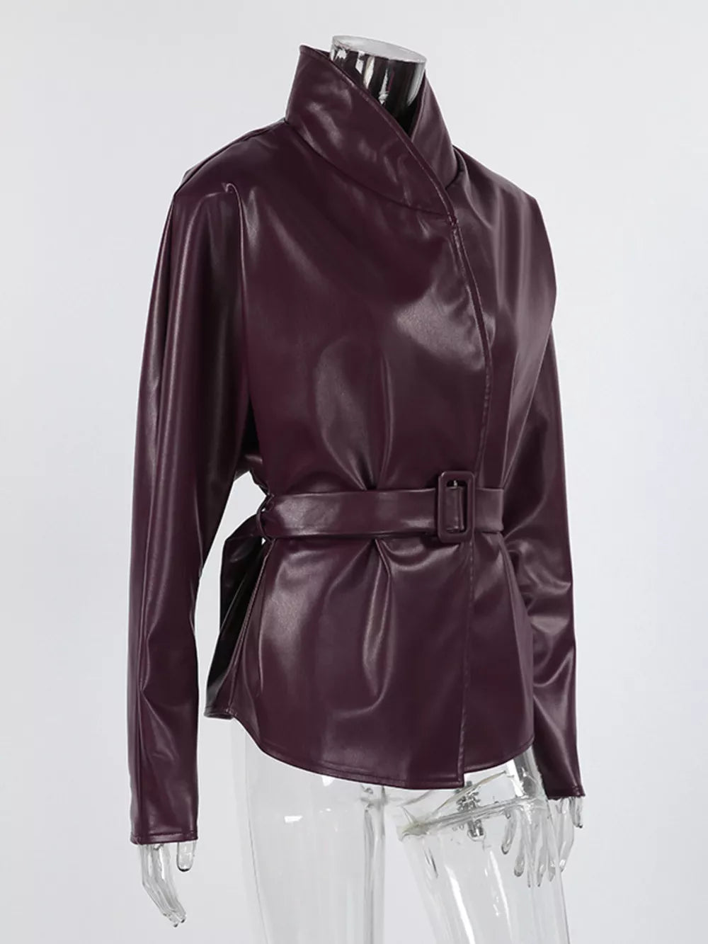 Faux Leather Belted Jacket in Burgundy with belted