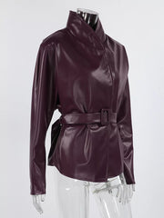 Faux Leather Belted Jacket in Burgundy with belted