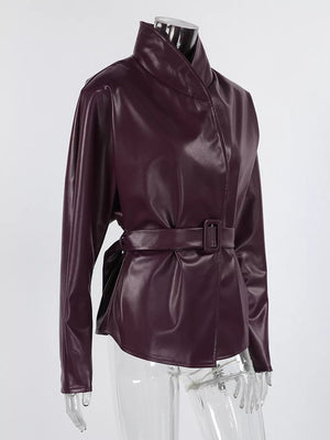 Faux Leather Belted Jacket in Burgundy with belted