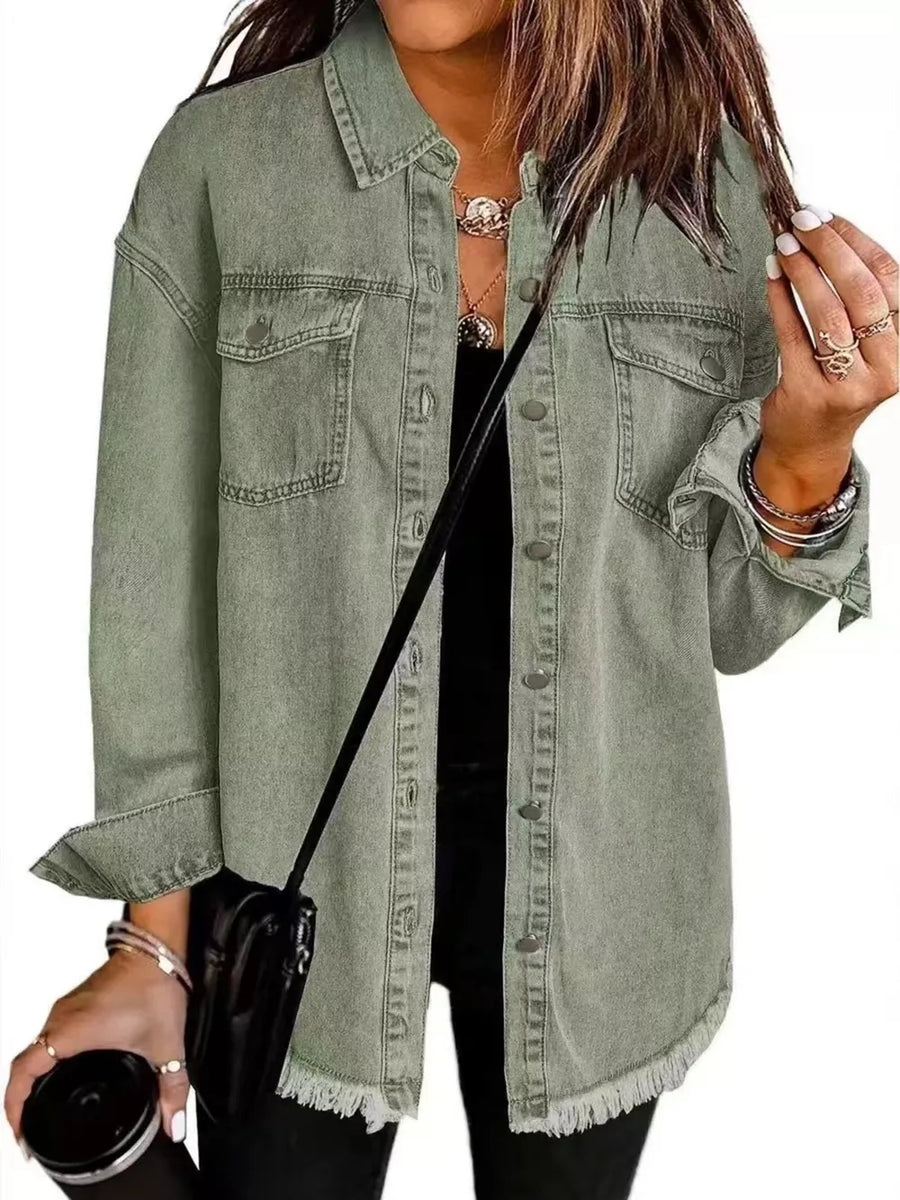 Frayed Hem Button Up Denim Jacket in Red with buttoned