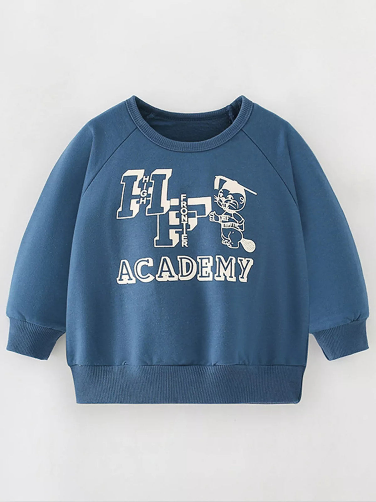 Children's French Blue graphic sweatshirt with crew neck and 100% cotton fabric.