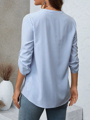 Light Blue Strip vertical stripe v-neck blouse with roll-up sleeves