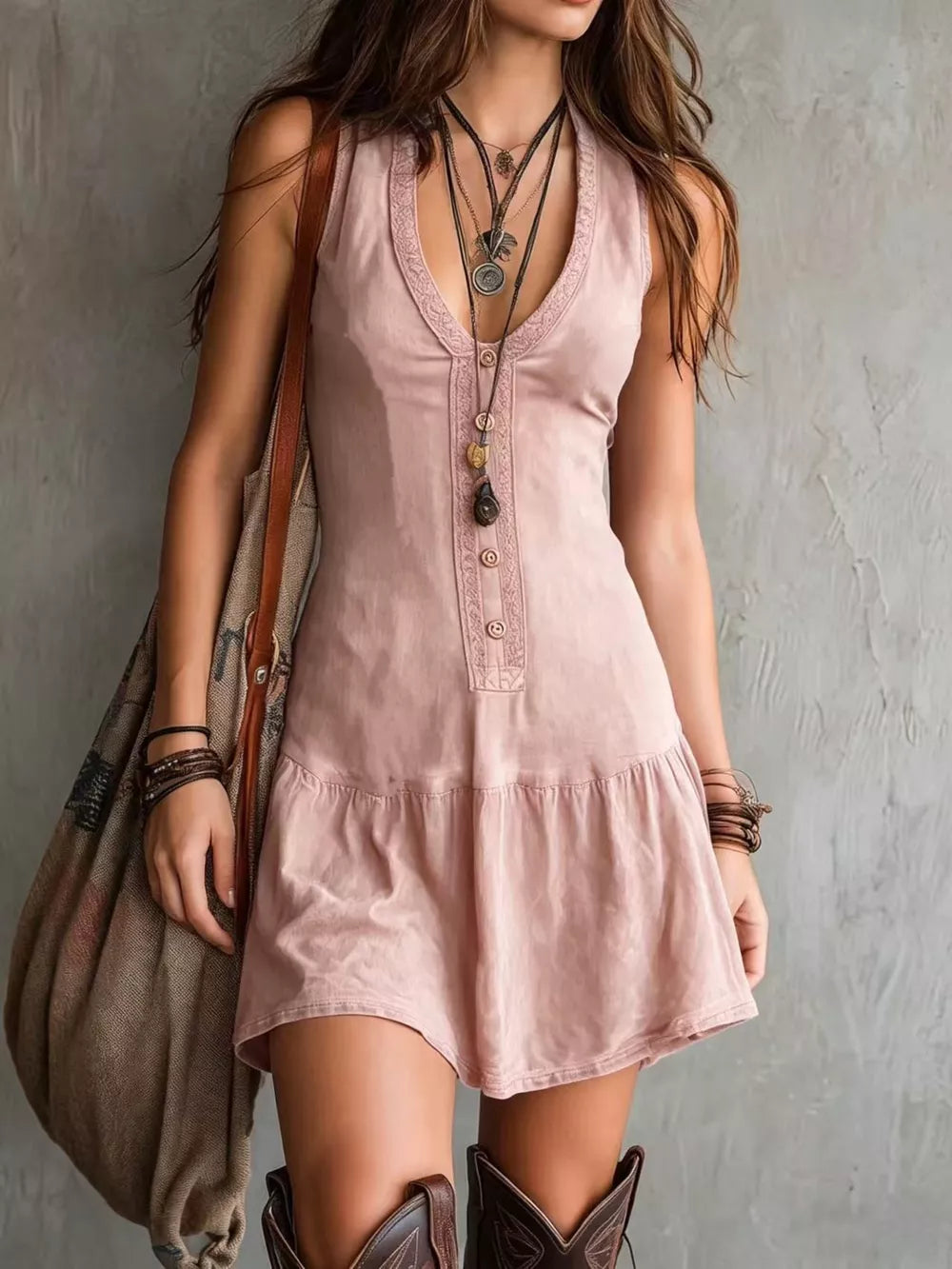 Sleeveless V-neck Mini Dress Plus Size in Burgundy with decorative button