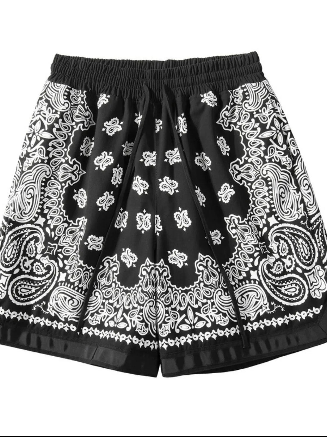 Black bandana print sport shorts with metallic trim and drawstring waist.