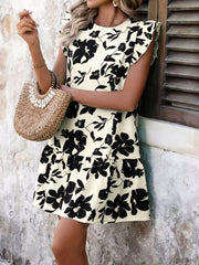 Floral Print Ruffle Sleeve Mini Dress in Cream