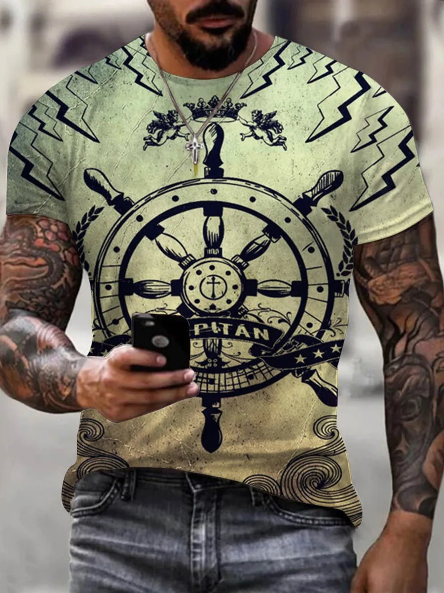 Men's gray graphic t-shirt with artistic compass and lightning print.