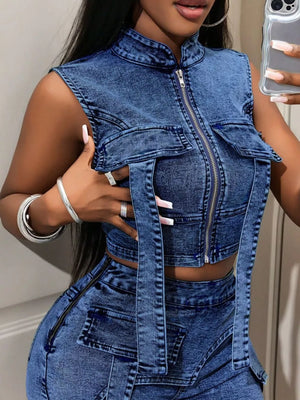 Sleeveless Zip-up Denim Crop Top in Red