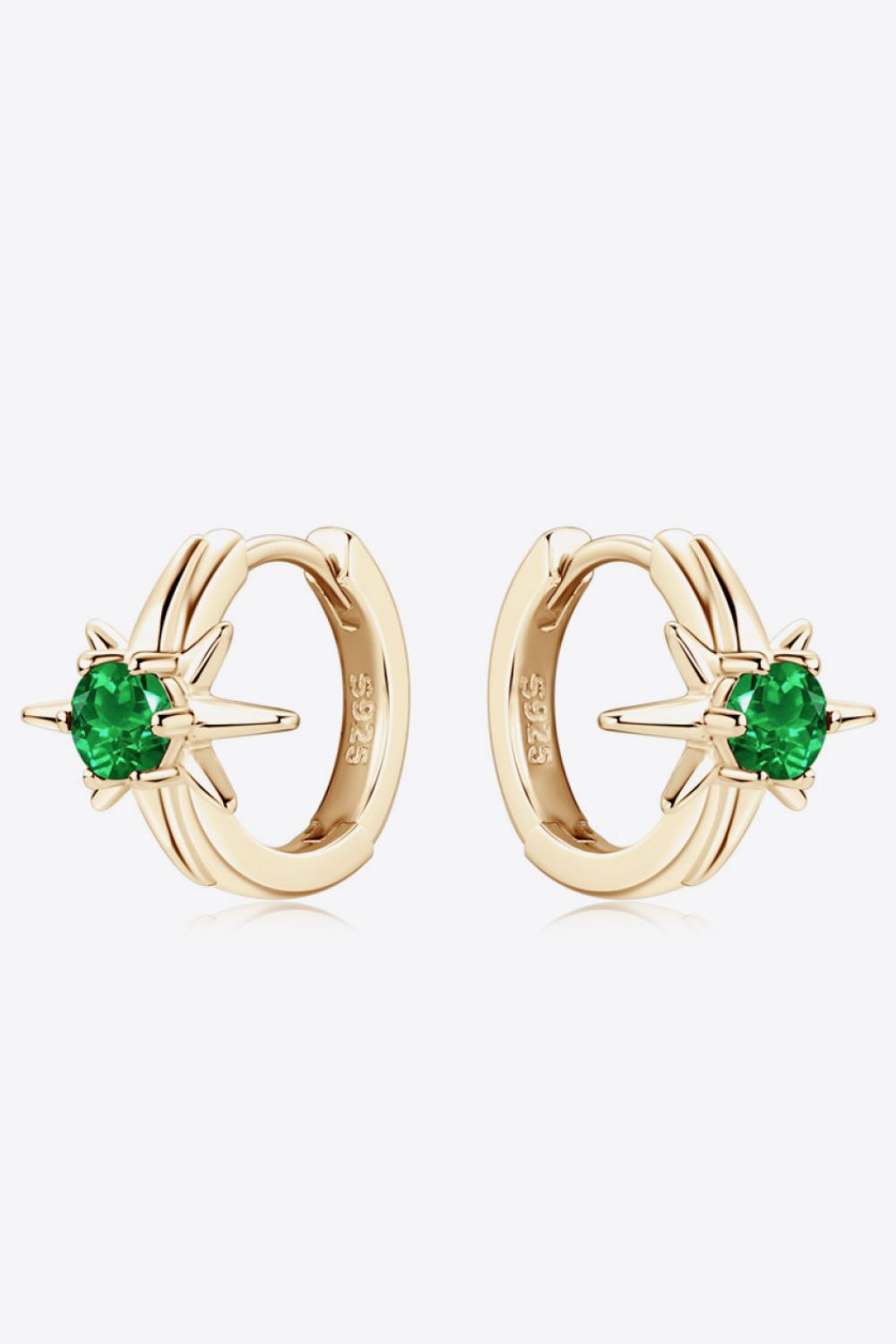 Gold hoop earrings with emerald starburst details and S925 engraving