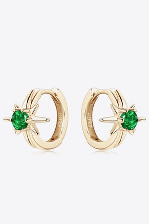 Gold hoop earrings with emerald starburst details and S925 engraving