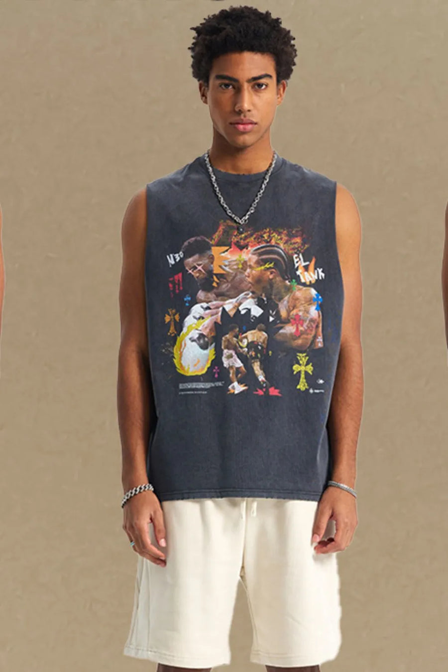 Black graphic muscle tank top with a bold print of boxers and crosses.