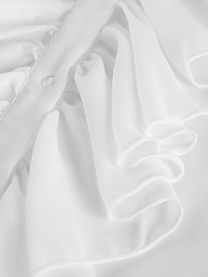 White ruffled flounce sleeve blouse with button detail and airy chiffon fabric.