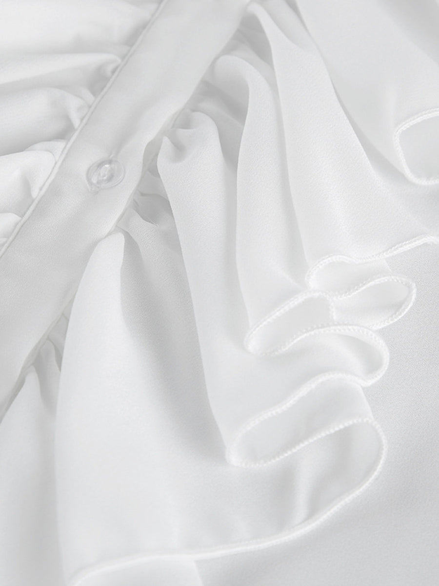 White ruffled flounce sleeve blouse with button detail and airy chiffon fabric.