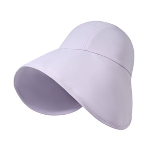 Purple wide brim sun hat with a flexible brim for UV protection.