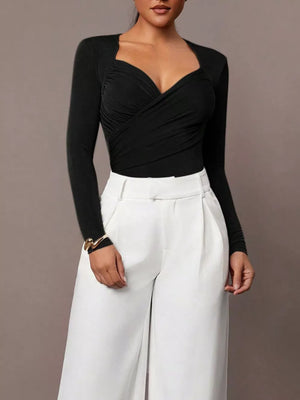 Ruched Surplice Long Sleeve Bodysuit in Khaki with ruched