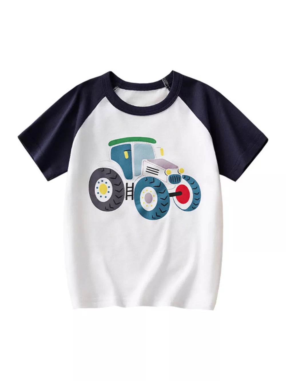 Kids white raglan tee with blue sleeves and a colorful tractor graphic.