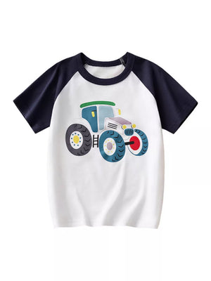 Kids white raglan tee with blue sleeves and a colorful tractor graphic.