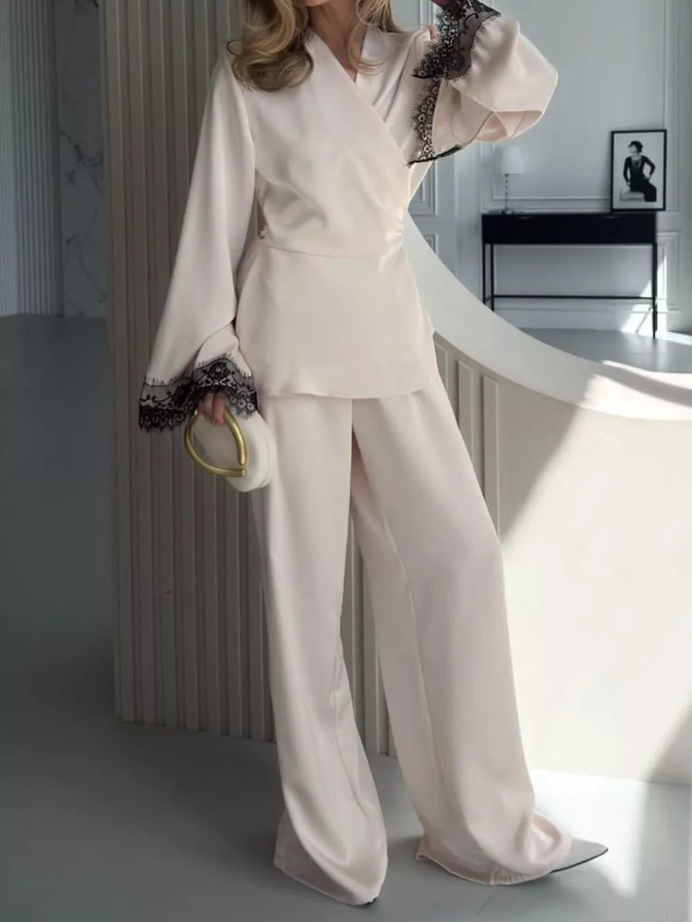 pajama set in cream featuring lace trim and relaxed fit